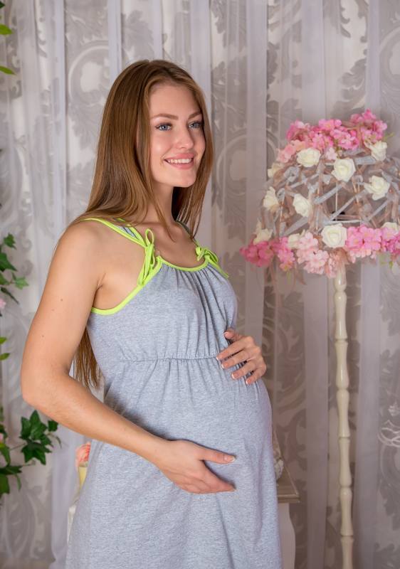 Сорочка для беременных и кормящих «Анжелика» цвет серый отделка салатовая — магазин dt-37.ru