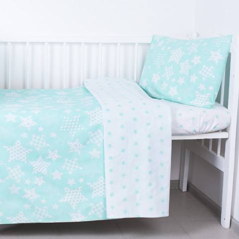 Постельное бельё для новорождённых (магазин) Постельное белье в детскую кроватку «Звёзды» (цвет мята, простыня на резинке)