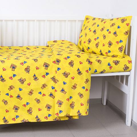 Постельное бельё для новорождённых (магазин) КПБ в детскую кроватку «Мишка с шариком» (цвет желтый, простыня на резинке)