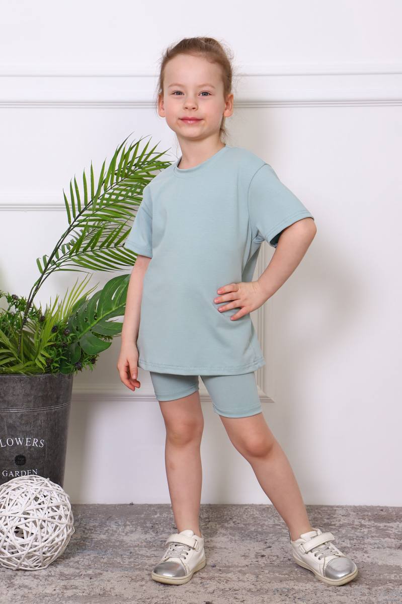 Одежда для детского сада для девочек Комплект для девочки «Мимоза» футболка и велосипедки (аква)