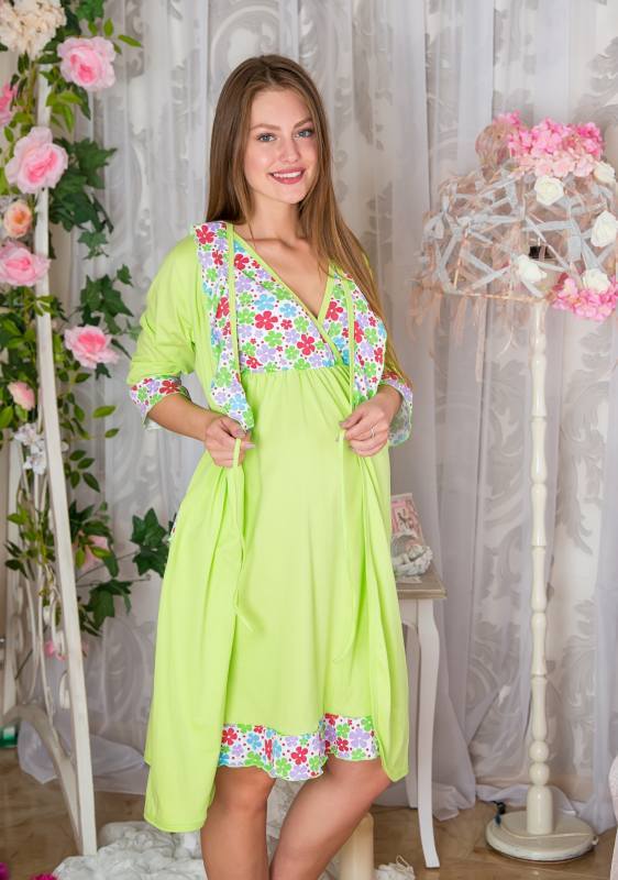 Комплекты (халат + сорочка) для беременных и кормящих (магазин) Комплект для дома и роддома «Анна» цвет салат